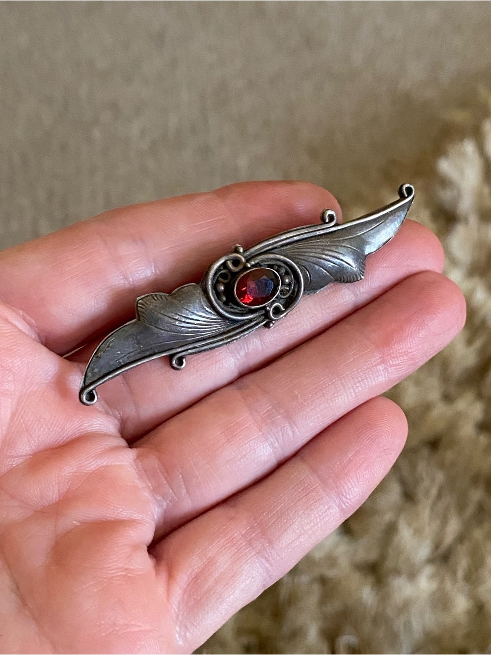 Vintage Sterling Silver Native American Made Garnet Brooch